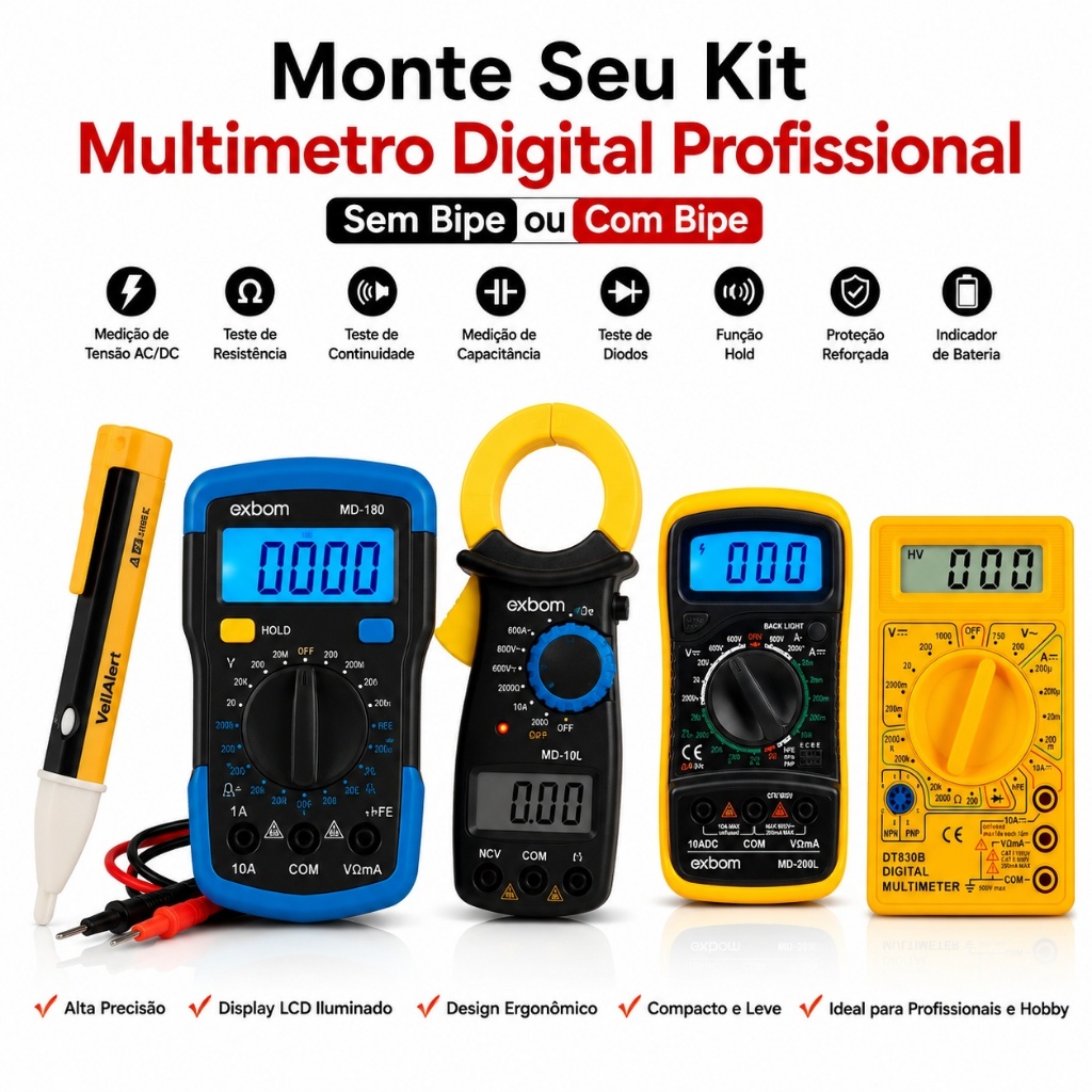 Kit Multimetro Digital Profissional Sem Bipe e Com Bipe Dígitos Painel Iluminado Com Bateria e Ponta