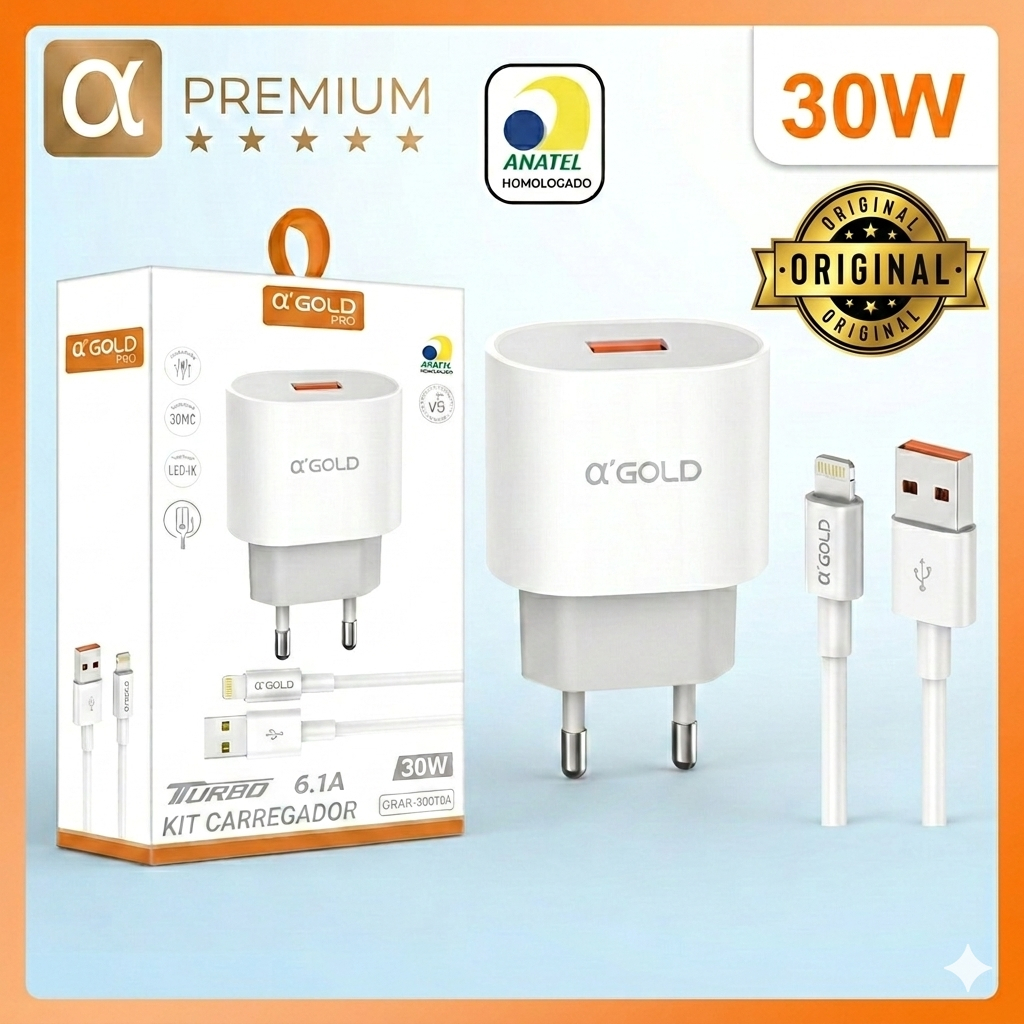 Kit Carregador iPhone 30w Turbo 6.1A USB Cabo Lightning Carregamento Rápido Original A'gold