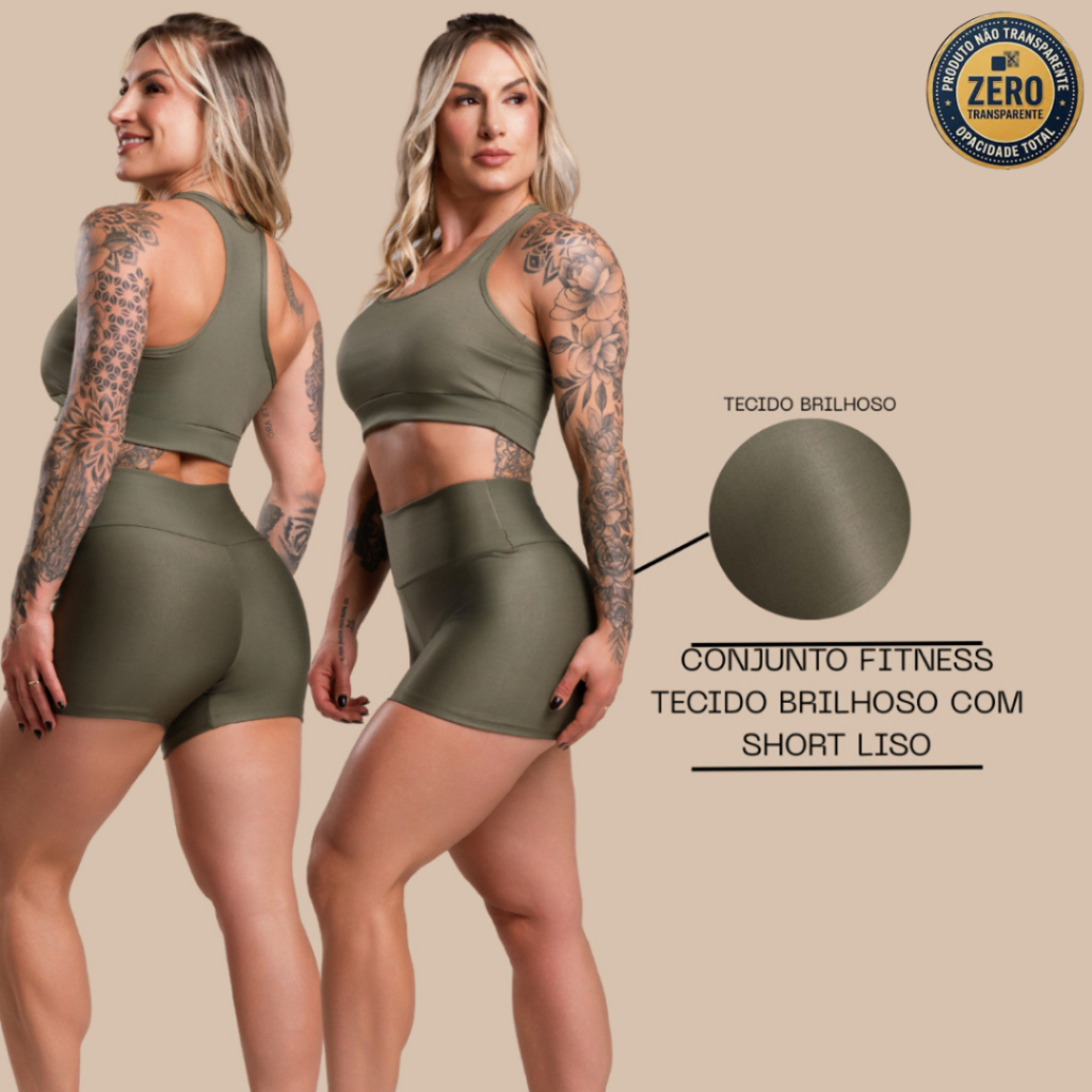 Conjunto Fitness Feminino Brilhoso Academia Top Nadador e Short Liso Cintura Alta Moda Treino ZERO TRANSPARÊNCIA