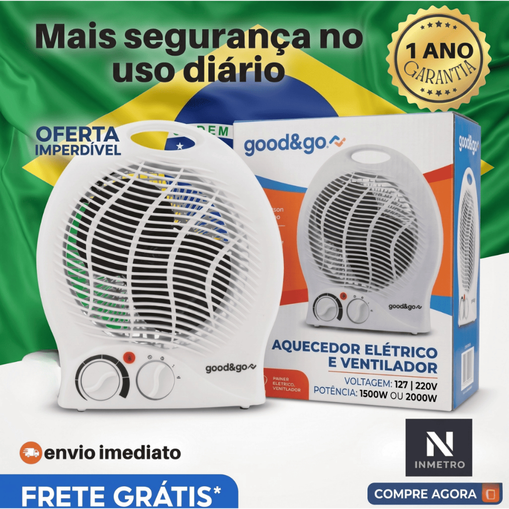 Aquecedor Eletrico Termoventilador 1500W 127V Good&Go Compacto Portátil 3 Funções Termostato Proteção Superaquecimento