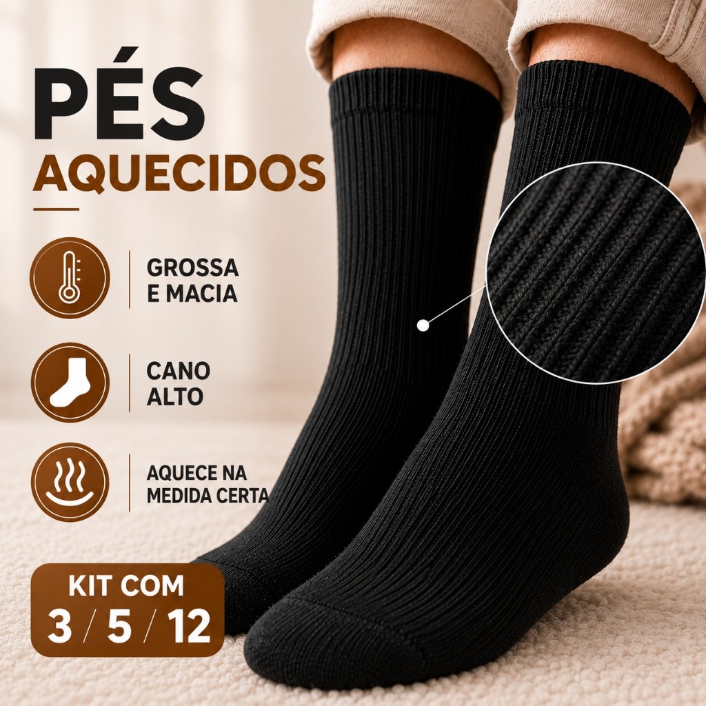 Kit 3/5/12 Pares Meia Grossa Inverno Preta Cano Longo Reforçada