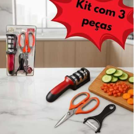 Kit Cozinha 3 em 1 Afiador de Facas + Tesoura + Descascador