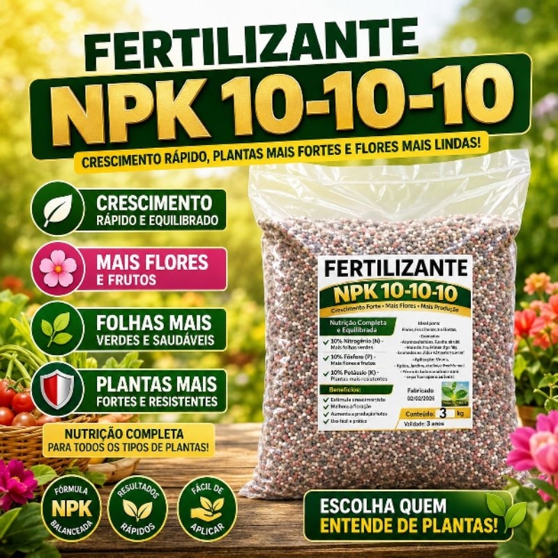 Fertilizante NPK 10-10-10 Adubo Granulado para Plantas, Flores, Hortas e Frutíferas
