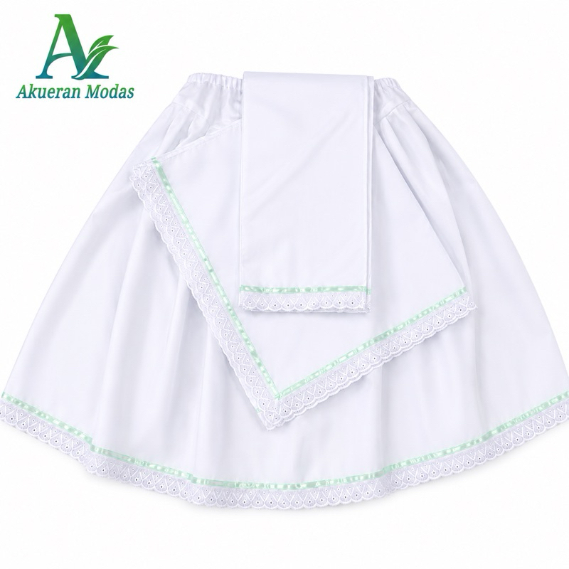 Conjunto 3 Peças Branco Umbanda e Candomblé – Saia, Pano da Costa e Pano de Cabeça com Bordado Inglês e Fita Verde Água.