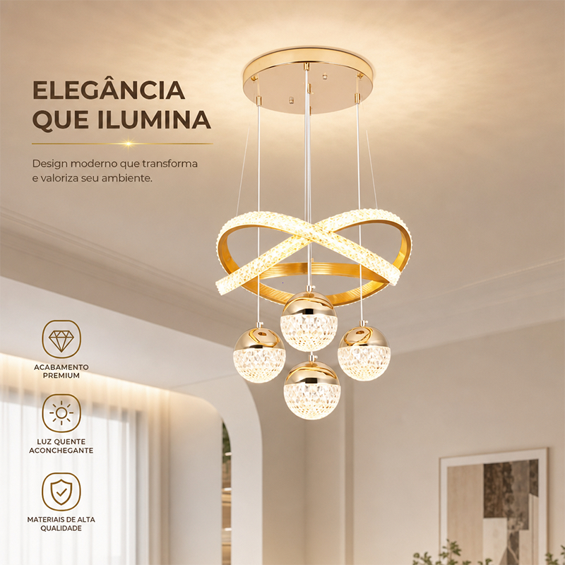 Plafon Lustre LED Dourado Moderno 4 Globos Luz Quente Frio Neutro Sala Quarto