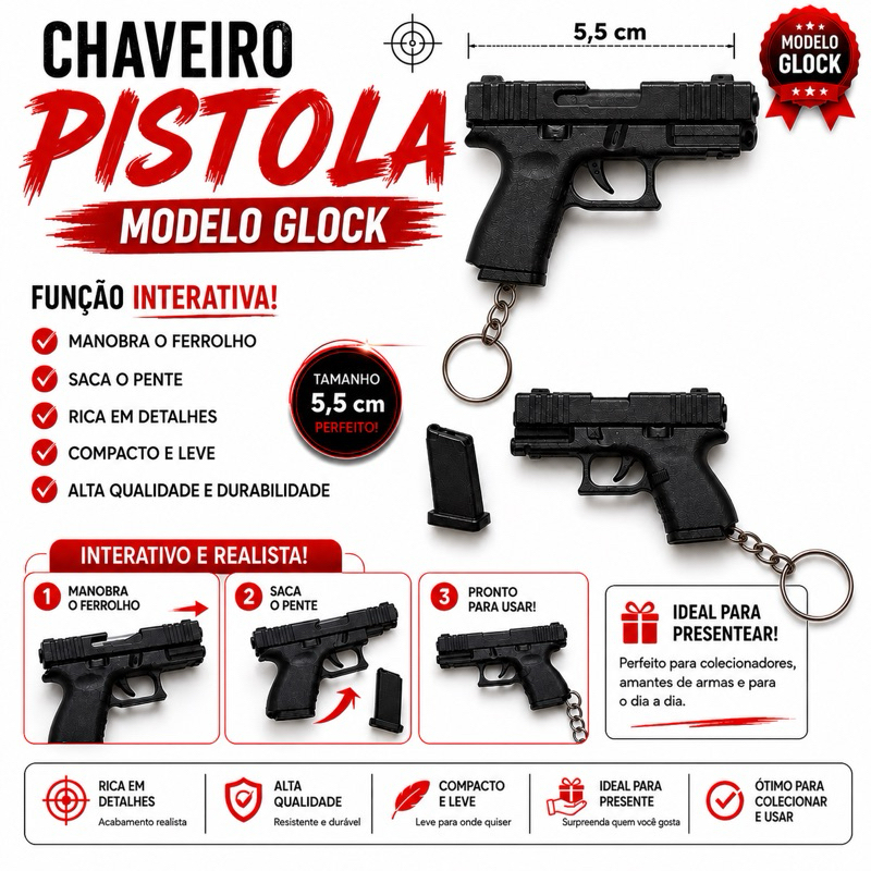 Chaveiro Pistola Glock Interativo Remove Pente e Manobra Ferrolho