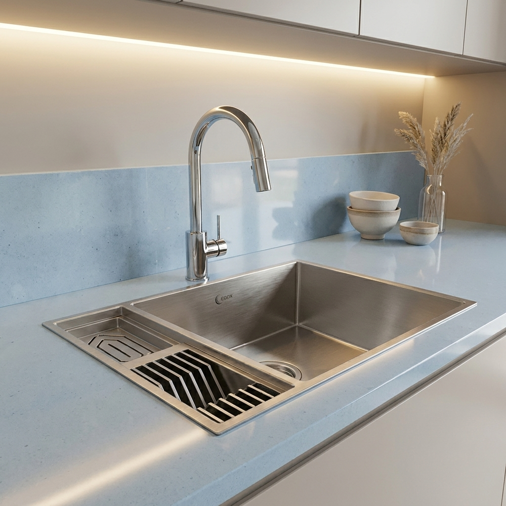 Cuba Calha Gourmet 58x42 em Aço Inox escovado C/ Escorredor de Louças Lateral Embutido Para Cozinha