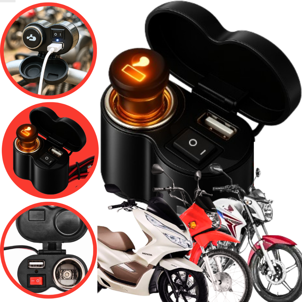 Carregador USB Moto 12V Universal Tomada À Prova d’Água Honda Yamaha CG Titan Factor PCX Fazer Pop