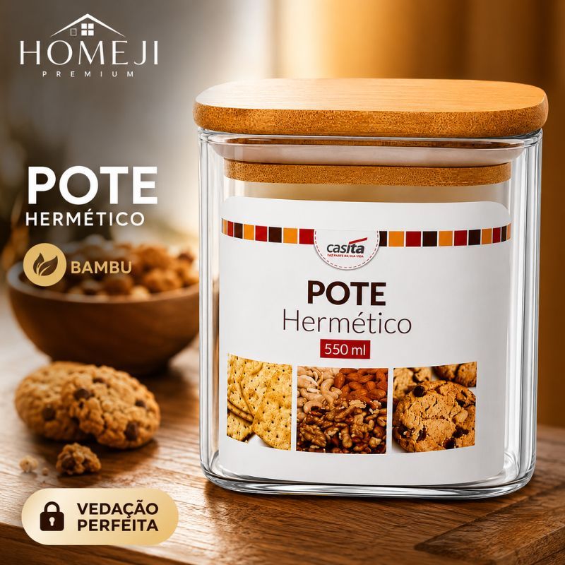 Pote Hermético Vidro Quadrado 550ml Tampa Bambu Porta Mantimentos Elegante Premium