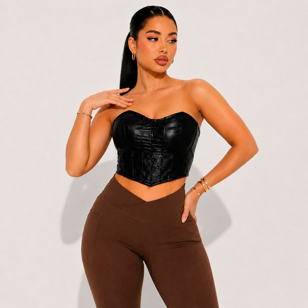 Cropped Corset Top Couro Tomara Que Caia Cropped Cirre Lindo Promoção Luxo Premium
