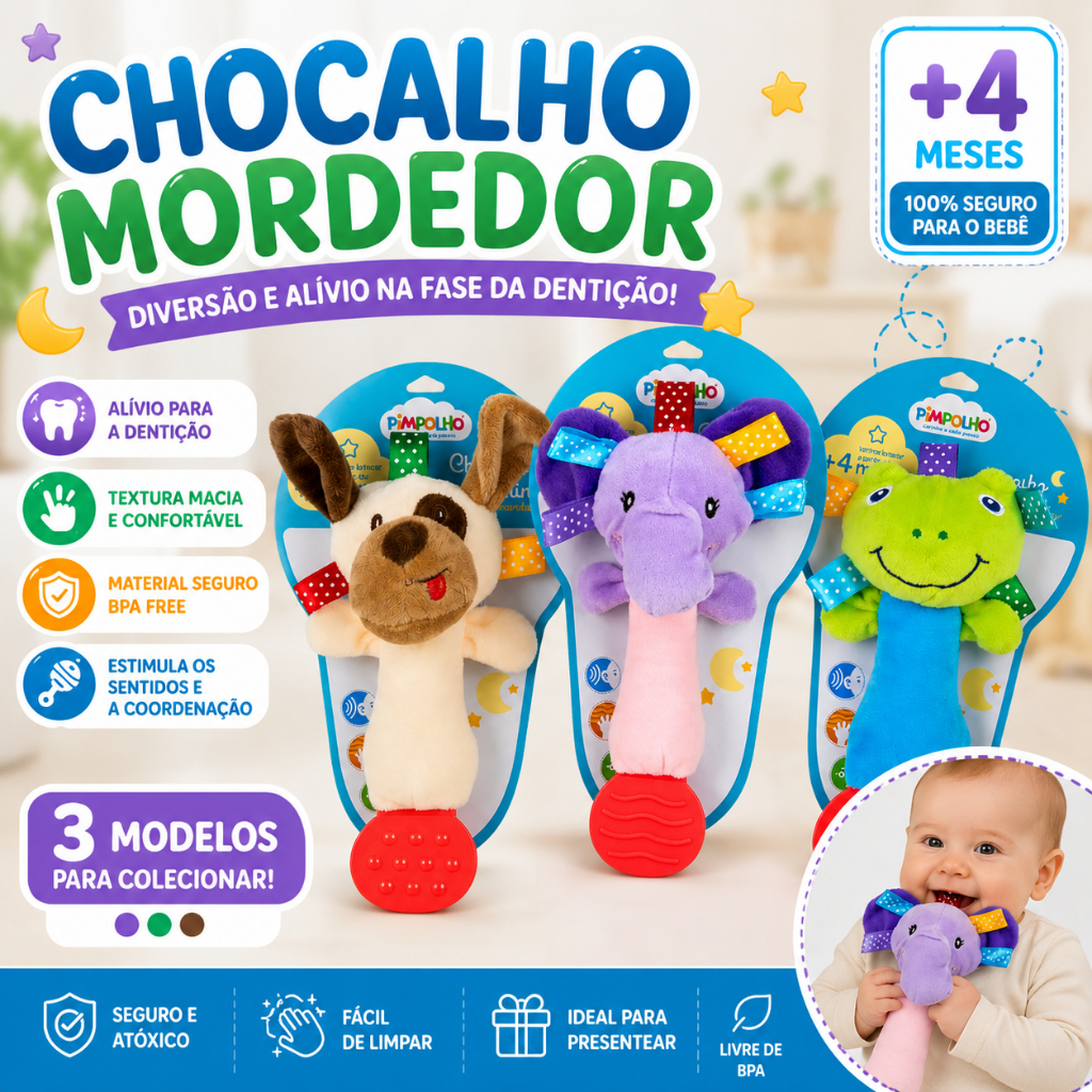 CHOCALHO MORDEDOR PIMPOLHO – Pelúcia Sensorial para Bebês +4 Meses | Alívio da Dentição | BPA Free