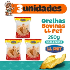 Kit 3 Unidades, Petisco, Snack, Cães, Orelha Bovina, 250g (cada pacote), LL Pet
