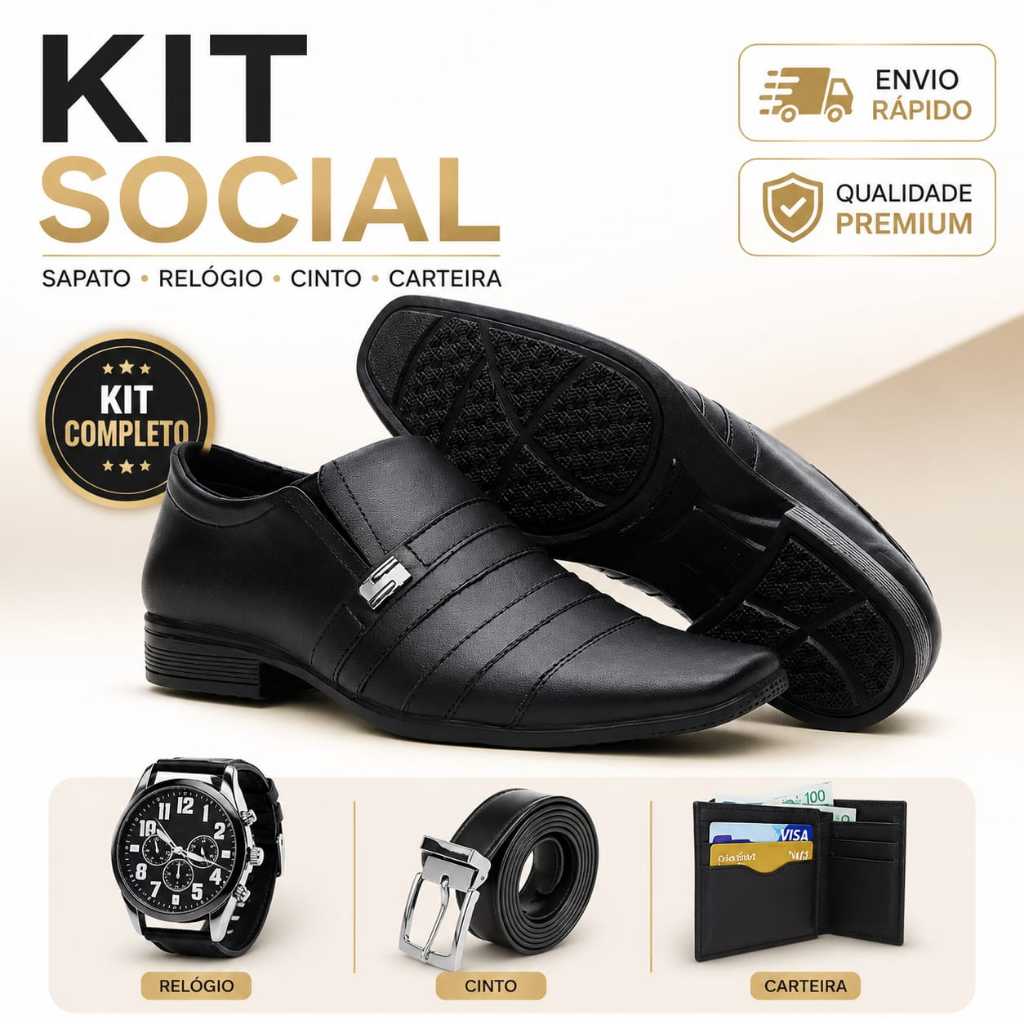 Sapato Social Masculino Homem Monte seu Kit, Sapato + Relógio + Cinto + Carteira