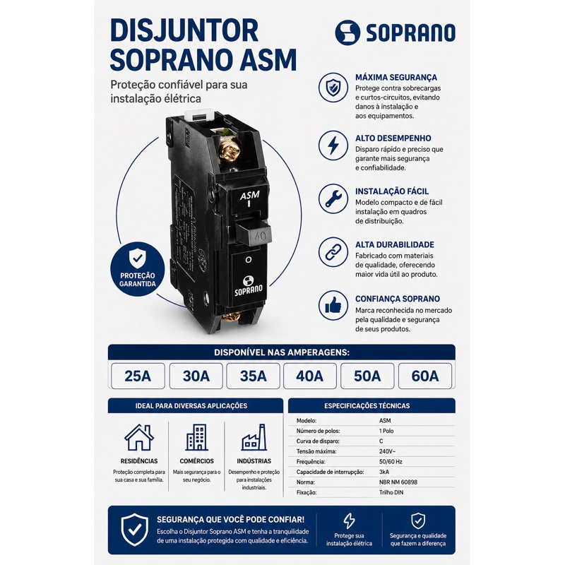 Disjuntor ASM Soprano Monopolar Curva C Alta Segurança