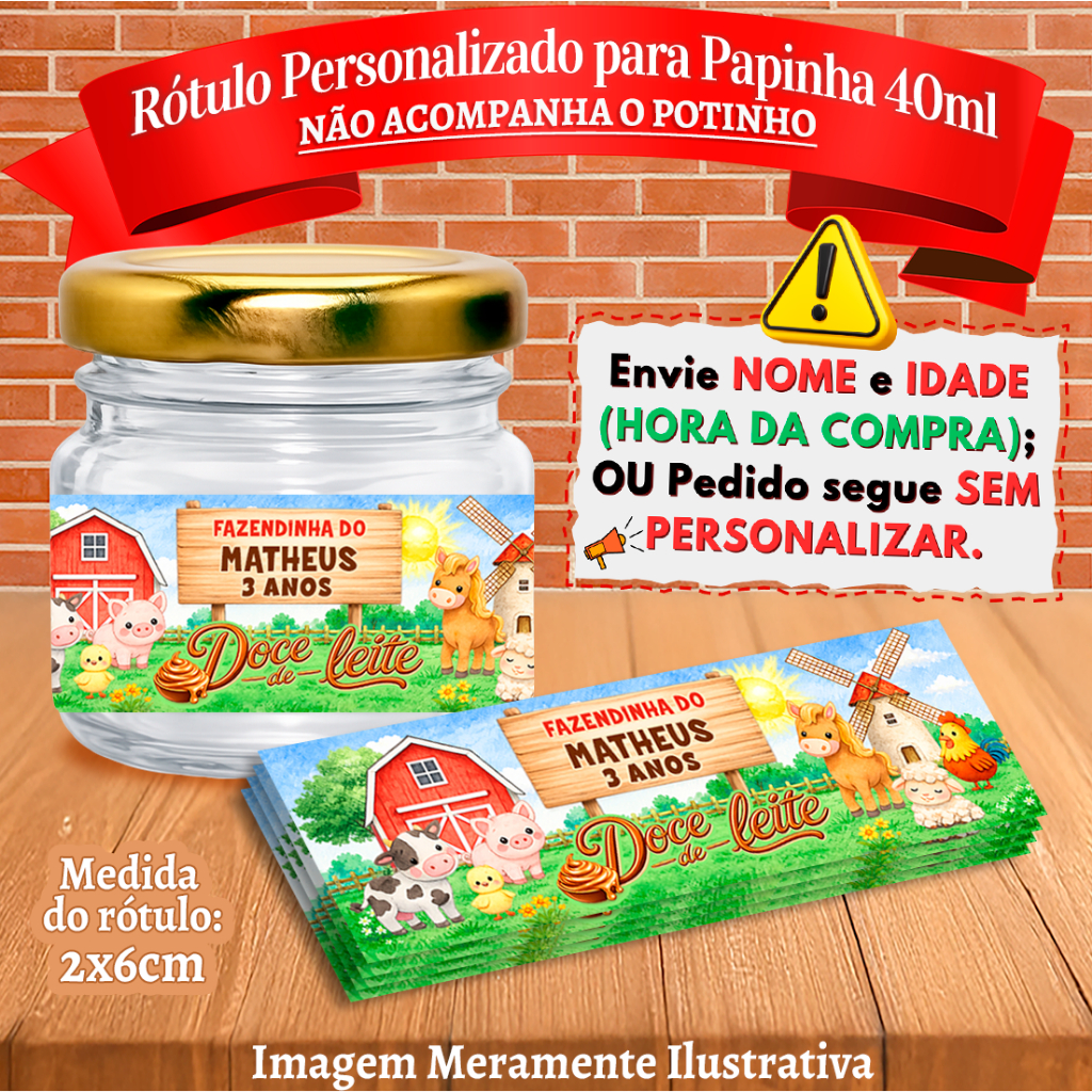 Rótulos Adesivos Personalizados Animais da Fazendinha Doce de Leite para Papinha 40ml 40g
