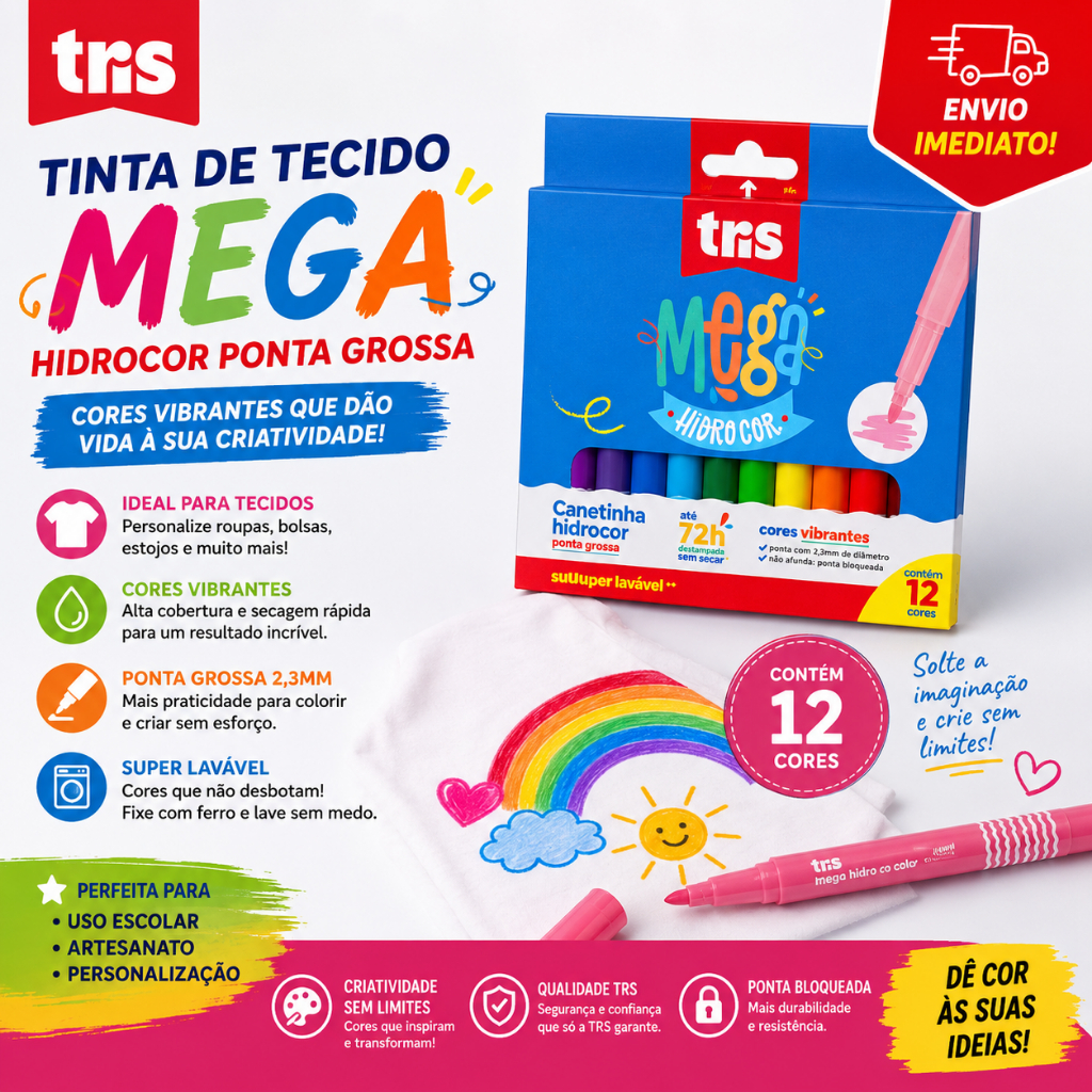 Canetinha Hidrocor Jumbo 12 Cores Tris Mega Hidrocolor Lavável Escolar Infantil Ponta Grossa Desenho e Arte