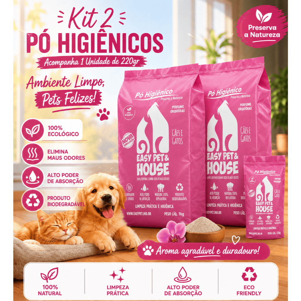 Kit 2 unidades1kg + 1 Brinde 220g Pó Higiênico Floral Eliminador de Odores Easy Pet & House 1 Kg