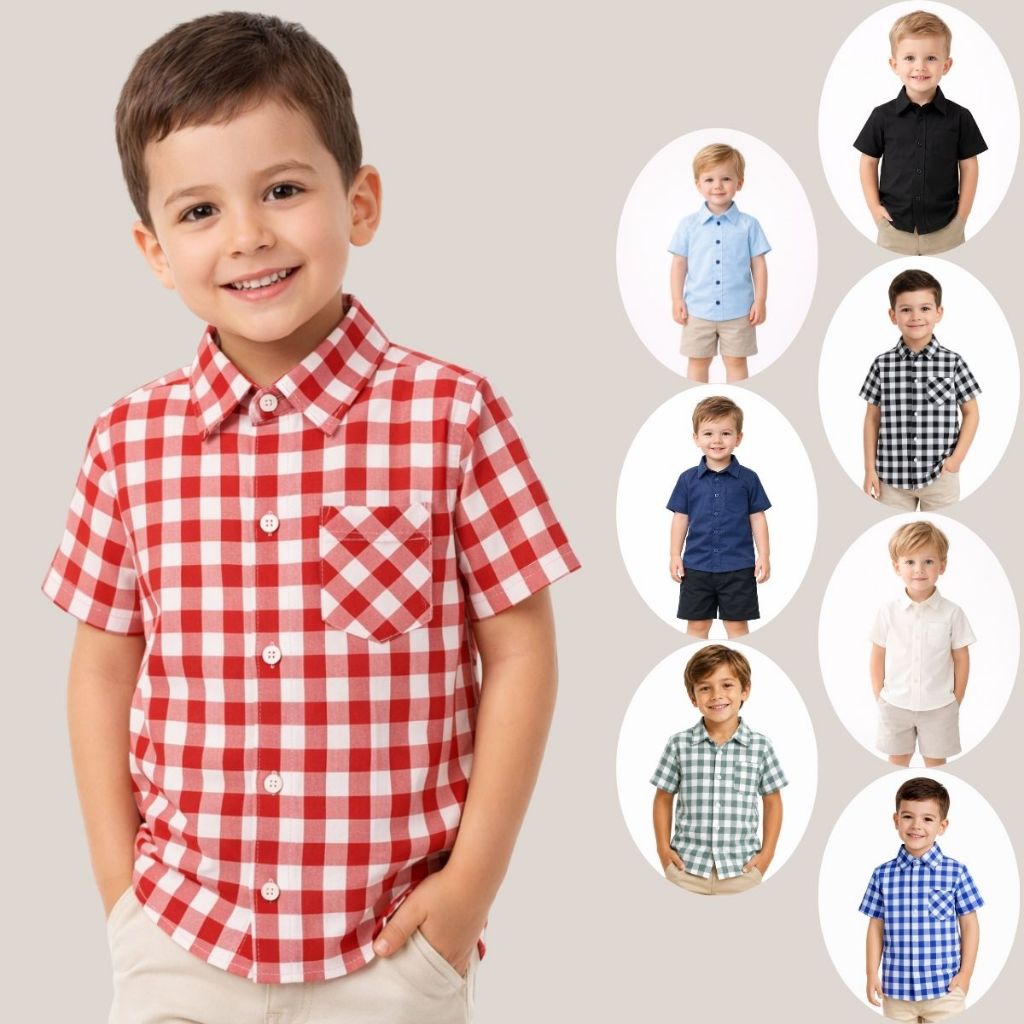 Camisa Infantil Menino Social Lisa Passeio Country Xadrez Tricoline 100% Algodão Junino