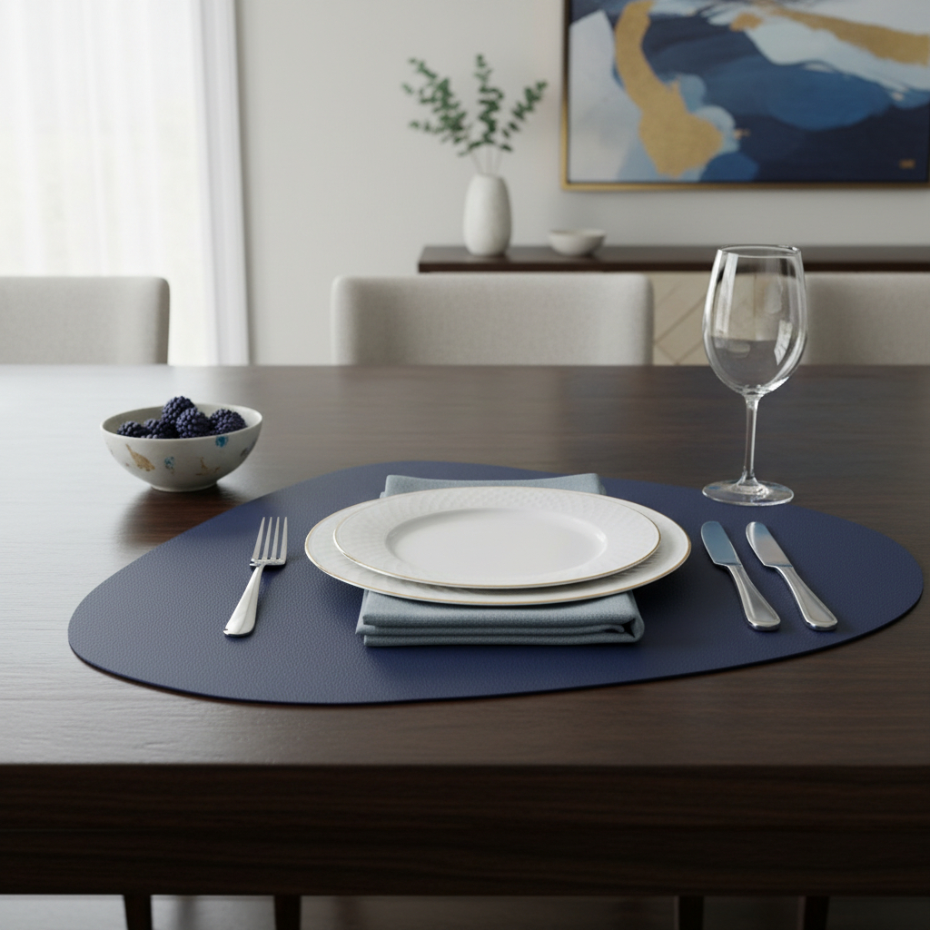 Jogo Americano Sousplat Oval Sintético Costurado Azul Dupla Face Cores Kit Jogo Americano + Porta Copo Para Mesa de Jant