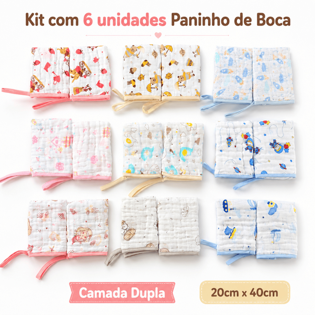 Kit 6 Paninho Fralda de Boca Bebê Soft 100% Algodão Premium Prendedor Chupeta Enxoval Recém Nascido