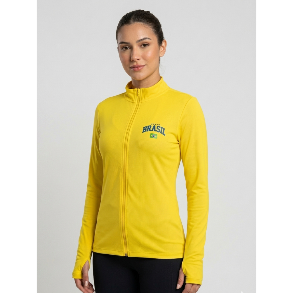Camisa Térmica Brasil Feminina Proteção Solar UV50+ Manga Longa Torcida Copa do Mundo Slim Fit Casual