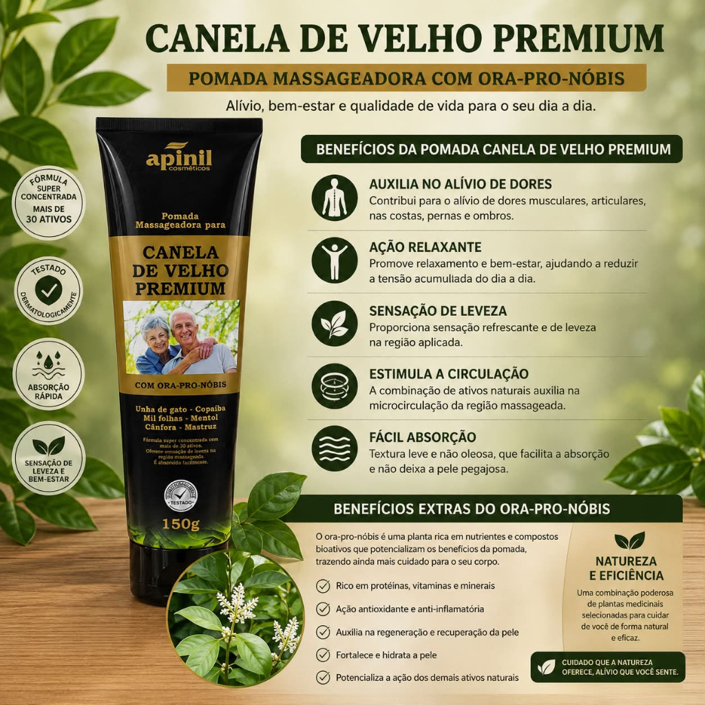 Pomada massageadora Canela de Velho Premium com Ora-Pro-Nóbis, 150g