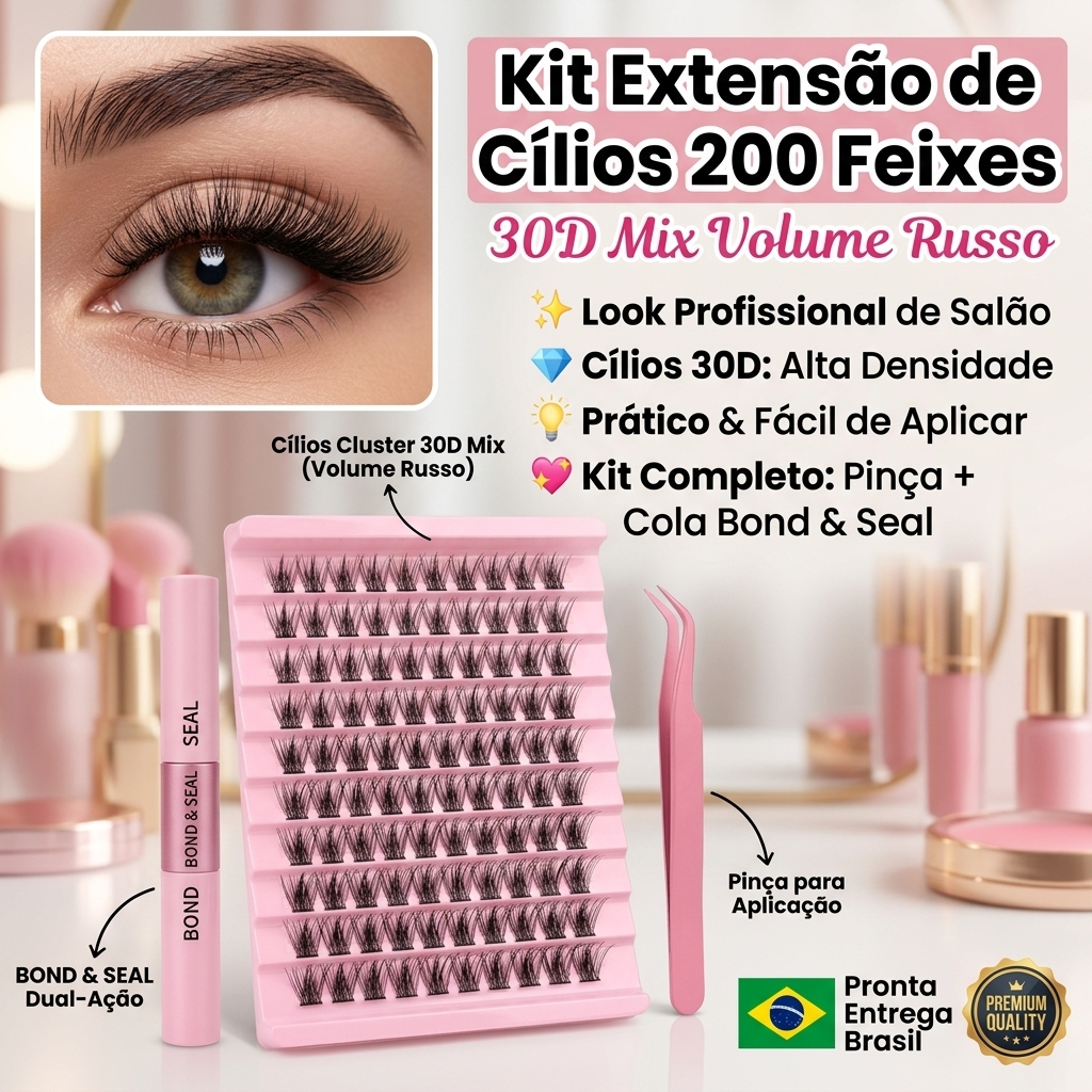 Kit Extensão de Cílios 200 Feixes30D Mix Volume Russo com Pinça e Cola Profissional com Pinça e Cola
