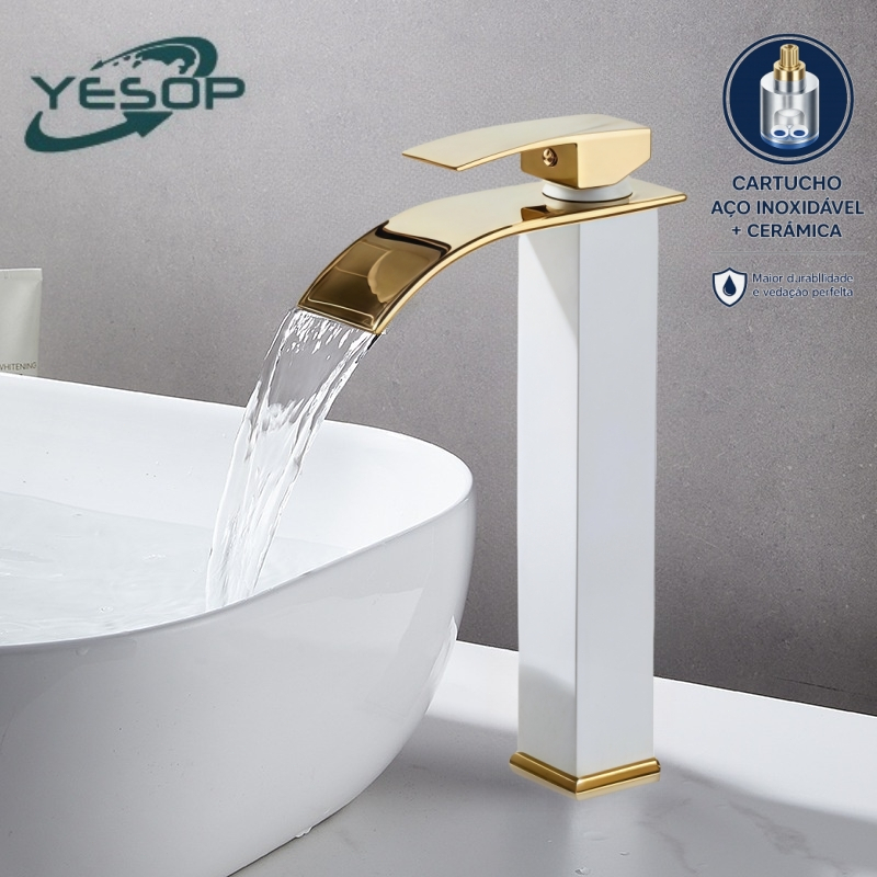 Torneira Monocomando Cascata Baixa para Banheiro Branco Dourado Yesop