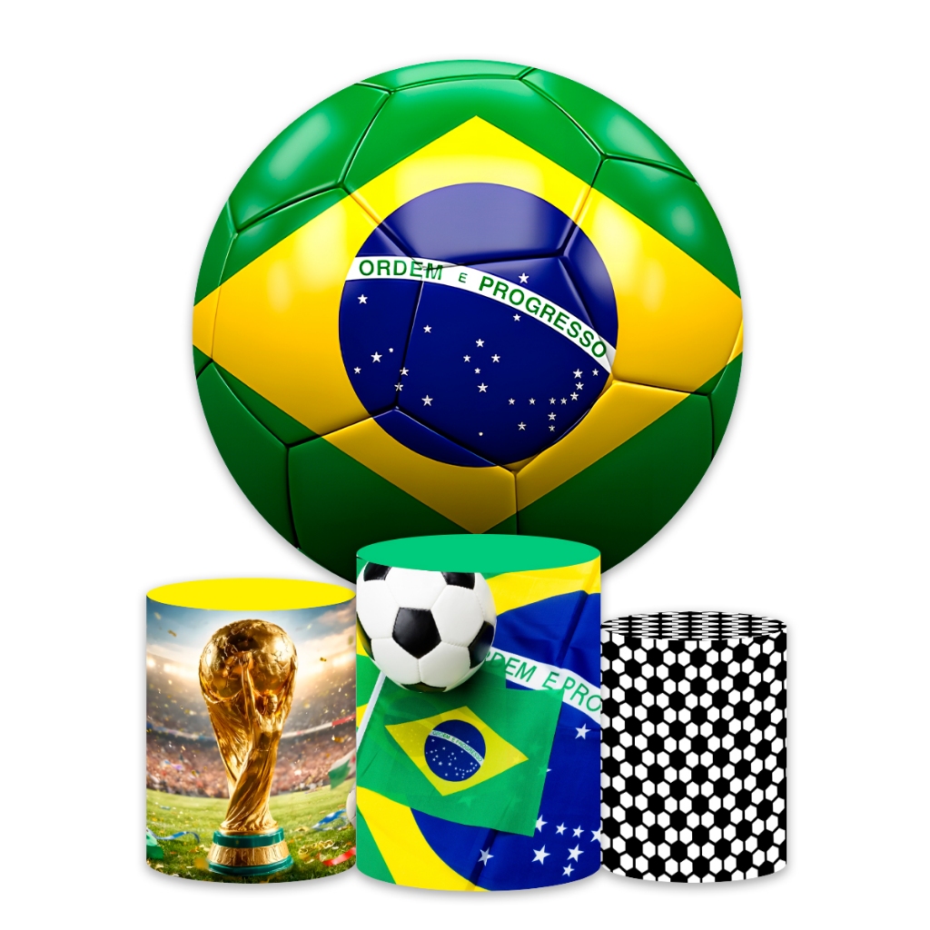 Copa: Kit Painel Redondo + Trio Capas Cilindro Sublimado 150x150 Completo Brasil Copa Do Mundo 2026