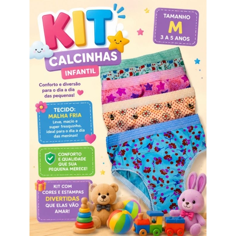 Kit 10 Calcinha Infantil Bornel feminina tam M (3 a 5 Anos)  confortável malha fria Cós elástico confortável Dia a Dia