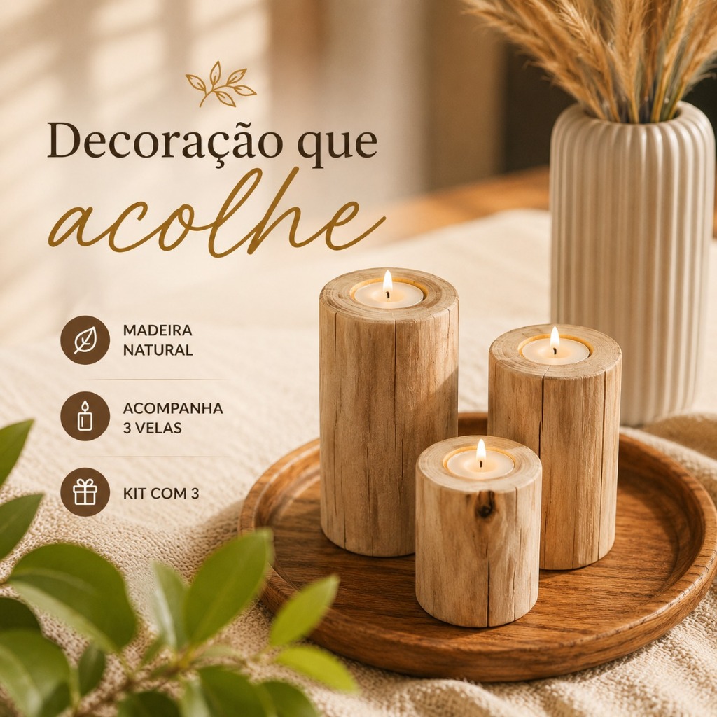 Kit 3 Velas de Madeira Castiçal Rústico Artesanal Boho