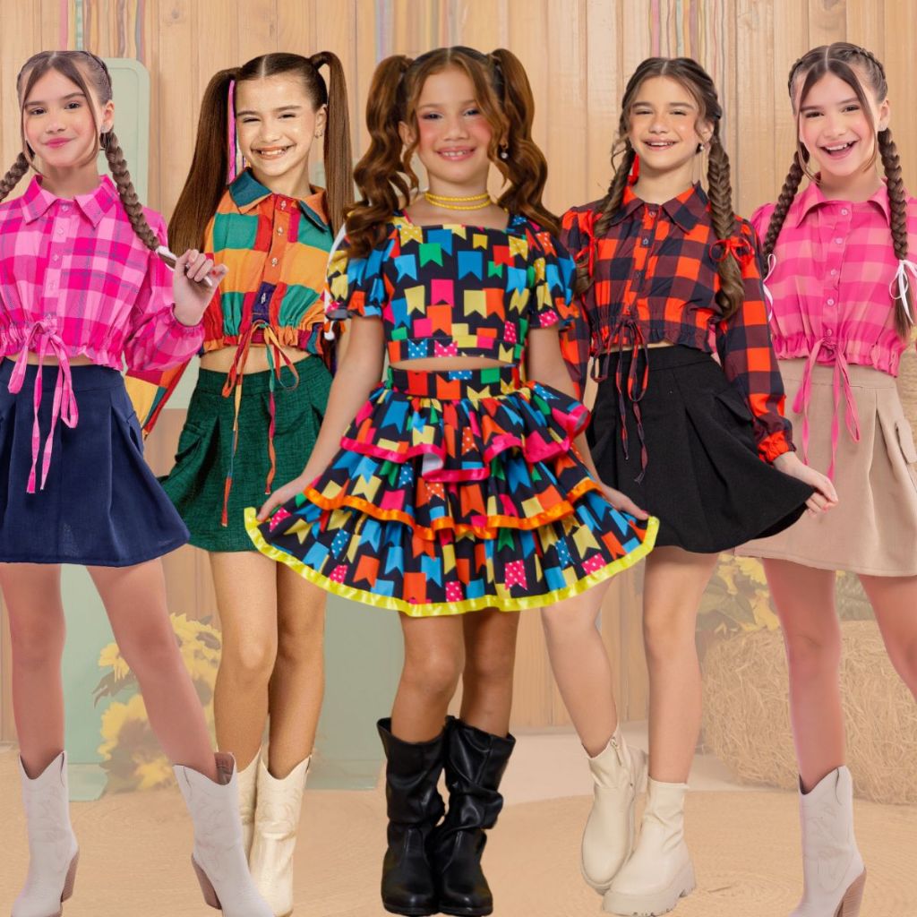 CONJUNTO COMBINADINHO XADREZ JUNINO SAIA E BLUSA M. LONGA CREPE INFANTIL MENINA JUVENIL BLOGUEIRINHA