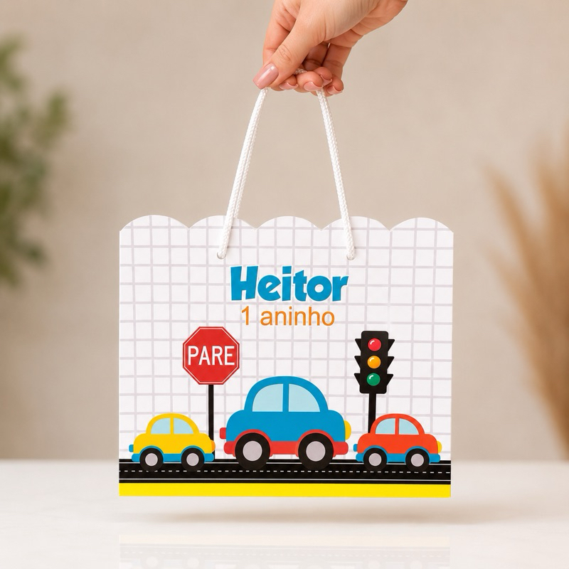 Sacolinha Personalizada Carrinhos / Carros - Lembrancinha Infantil - 20x15,5x7 - PEGUE E MONTE