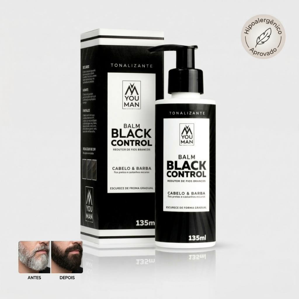 Escurecedor Balm Tonalizante Barba e Cabelo Black Control Reduz Fios Brancos 135ml Hipoalergenico