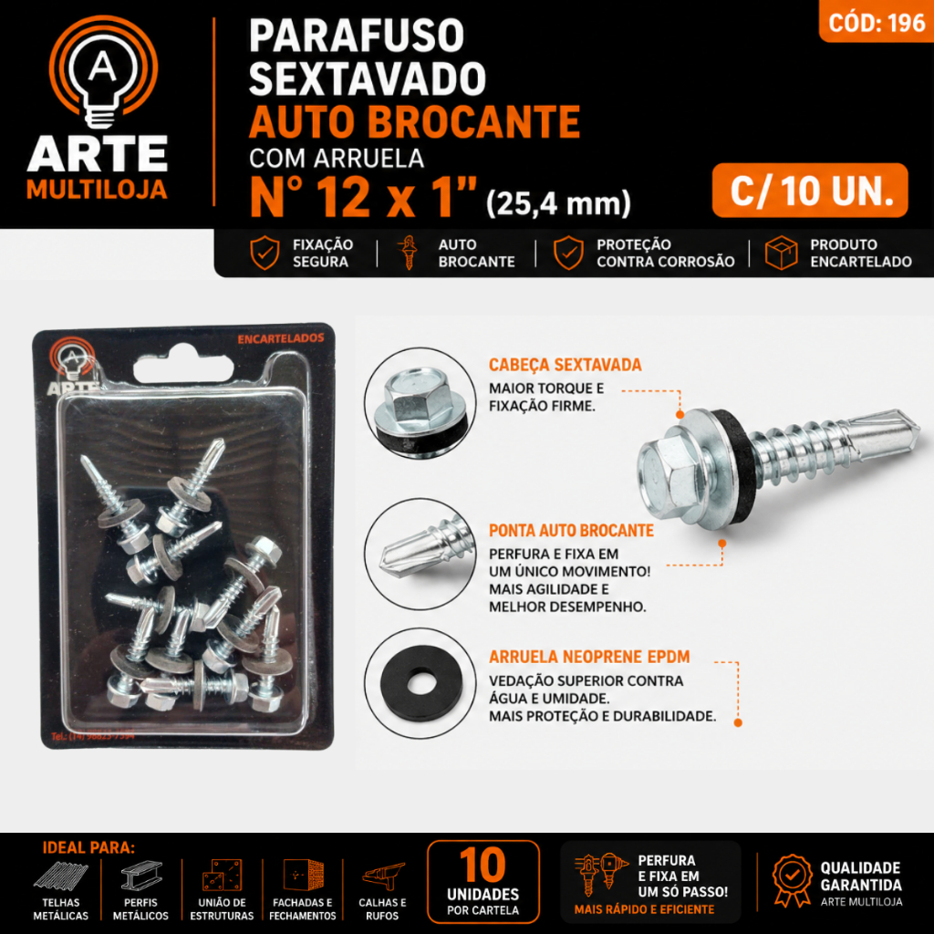Parafuso Sextavado Auto Brocante Com Arruela 12x1" e Parafuso Sextavado Soberba 3/16" Alta Resistência