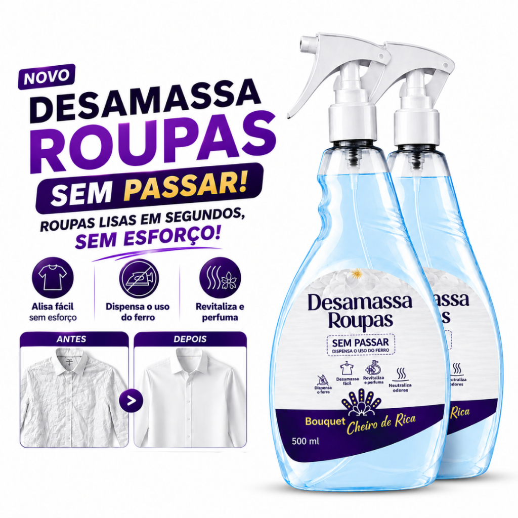Kit 2 Spray Desamassa Roupas Sem Passar 500ml Perfume Bouquet Cheiro de Rica Praticidade Alisa Fácil