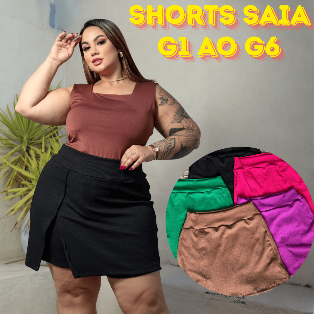 Shorts Saia Plus Size Feminino Anarruga Premium G1 ao G6 Cintura Alta