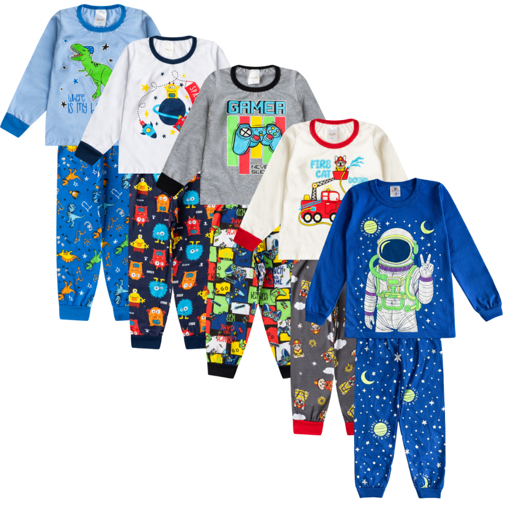 Pijama Longo Infantil Menino Criança 100% algodão Brilha no Escuro