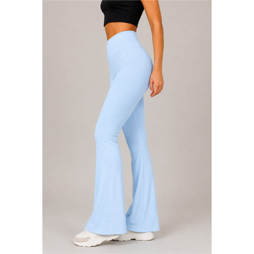 Legging Flare Azul Canelada Feminina Poliamida Academia Fitness Sem Transparência LG430