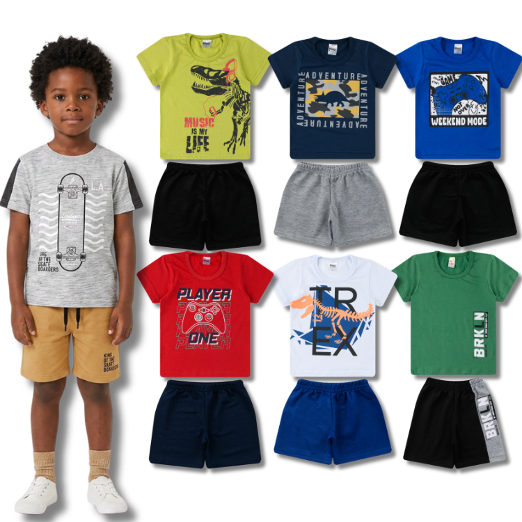 Kit 5, 4, 3 ou 2 Conjuntos Sortido Masculino Infantil/Juvenil - Camisetas + Bermuda Menino Verão