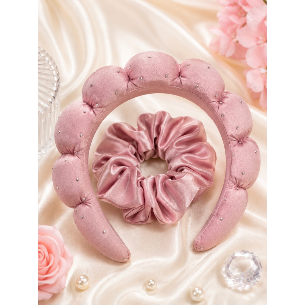 Tiara Bubble Cetim Com Strass + Scrunchie | Kit Feminino Elegante TikTok Viral