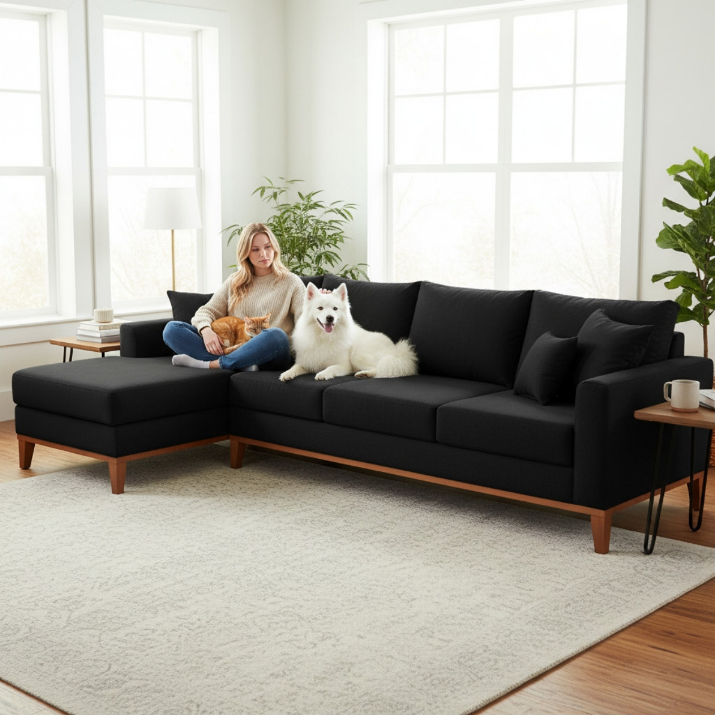Sofá 4 Lugares Beny com Chaise Esquerdo Suede Preto