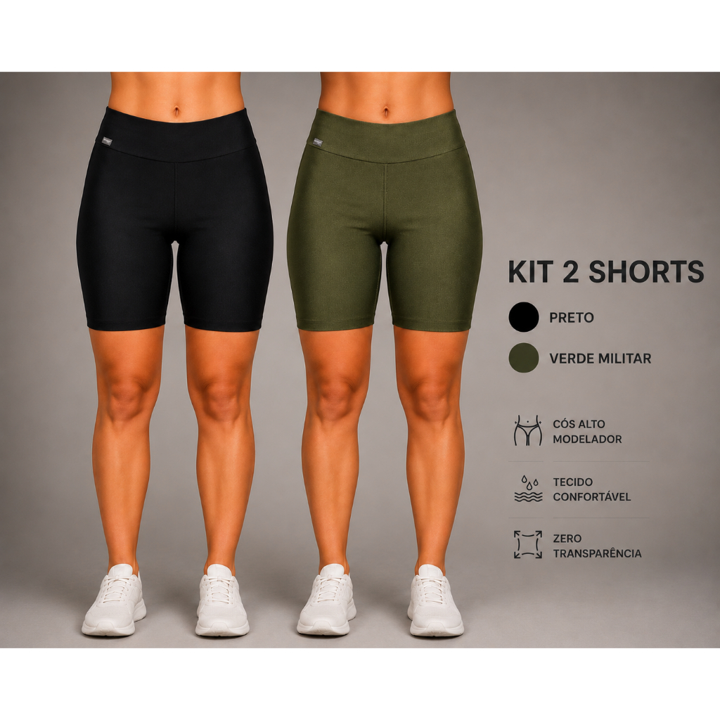 Kit 2 Shorts em Poliamida Canelada Zero Transparência Preto e Verde Militar.