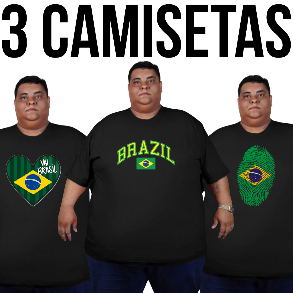 Camiseta Plus Size Estampada Brasil Várias Estampas G1 ao G10 Copa do Mundo