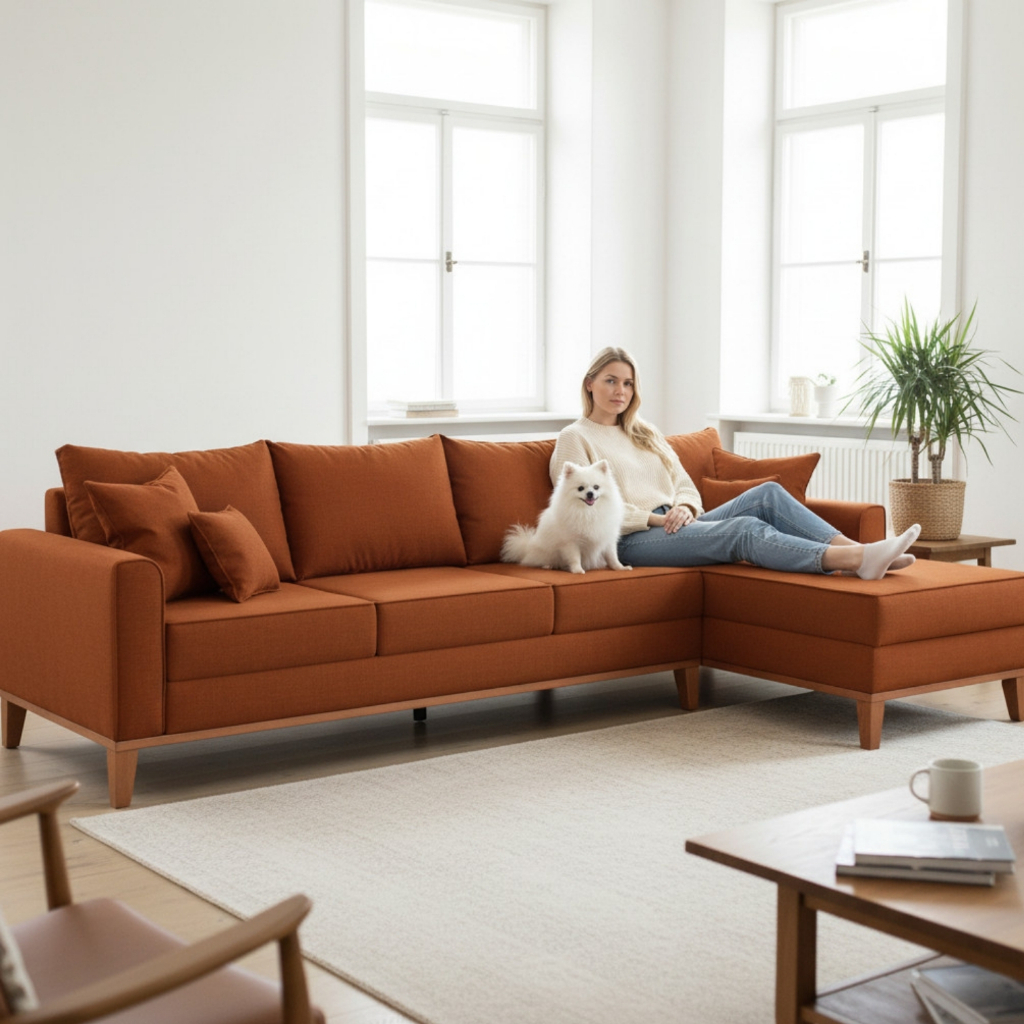 Sofá 4 Lugares Beny com Chaise Direito Suede Terracota