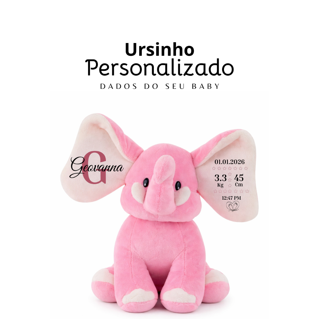 Elefante Personalizado Com Nome e Dados do Bebê Presente Maternidade Lembrancinha Nascimento Chá Revelação Aniversário