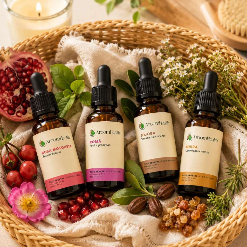 Kit de óleos vegetais puros de  Rosa Mosqueta , Mirra, Jojoba e Romã 20 ml cada