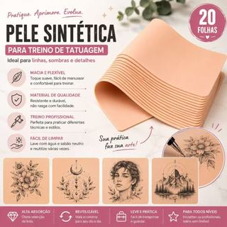 🎨 Folhas de Pele Artificial para Prática de Tatuagem Material Flexível Cor Pele Ideal para Treino de Linhas e Sombras