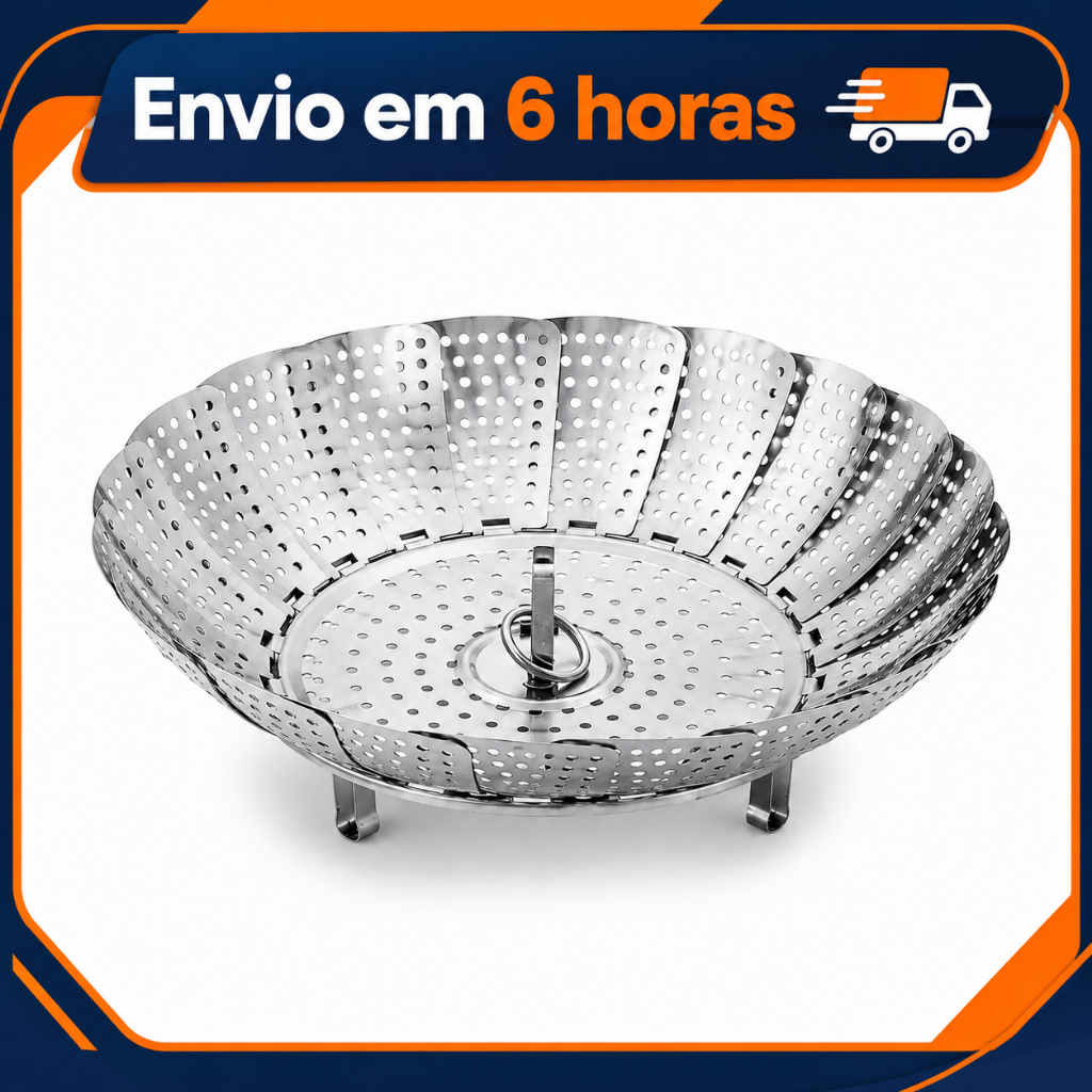 Cesto Cozimento Vapor Inox Retrátil 25cm Aço Inoxidável Abre e Fecha Universal para Panelas Médias