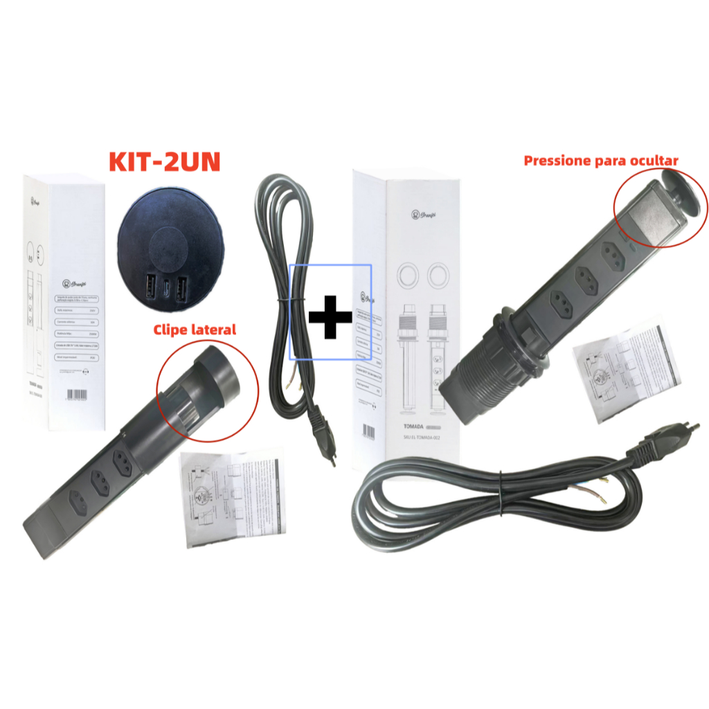 Tomada Mesa USB Tipo-C 3 Pinos Bivolt Carregamento Rápido Toque Proteção Escritório Casa VANT